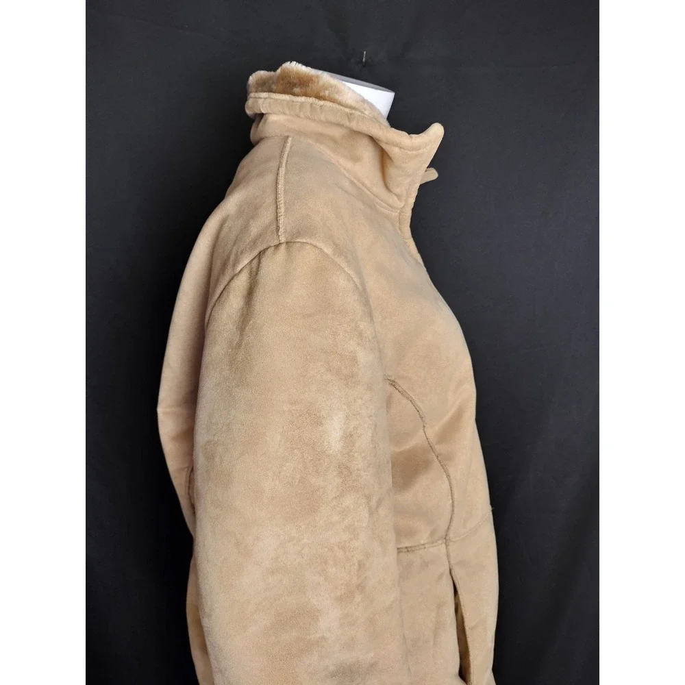 Women's LG coat faux suede fur camel brown 90's vibes warm cozy FLAW